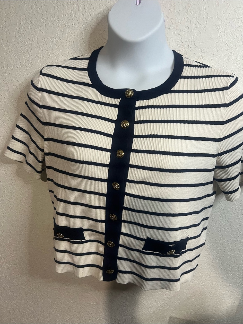 H&M White and Navy Striped Short-Sleeve Button Cardigan with Gold Buttons
